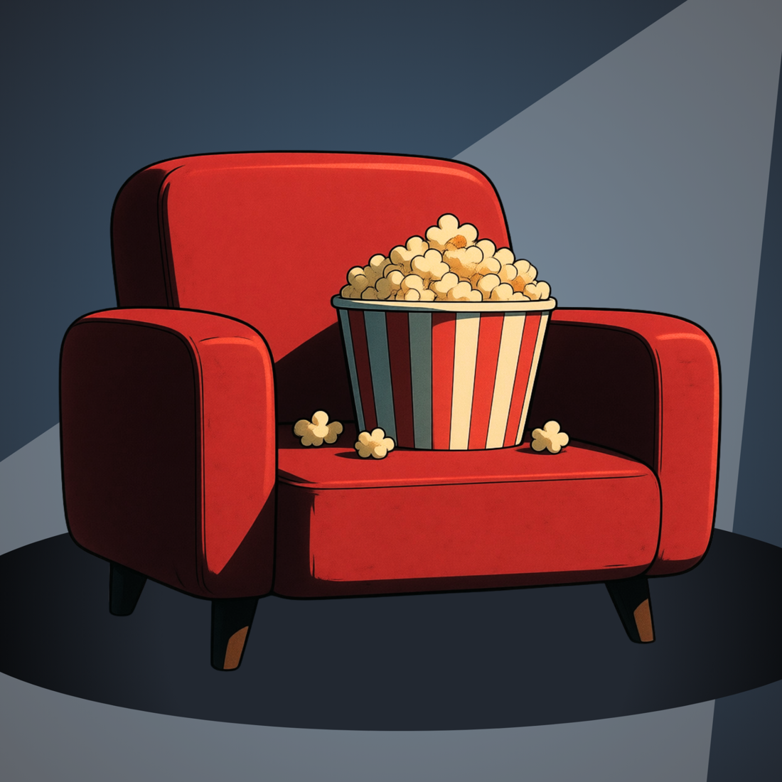 Red cinema armchair with a tub of popcorn under a projector spotlight